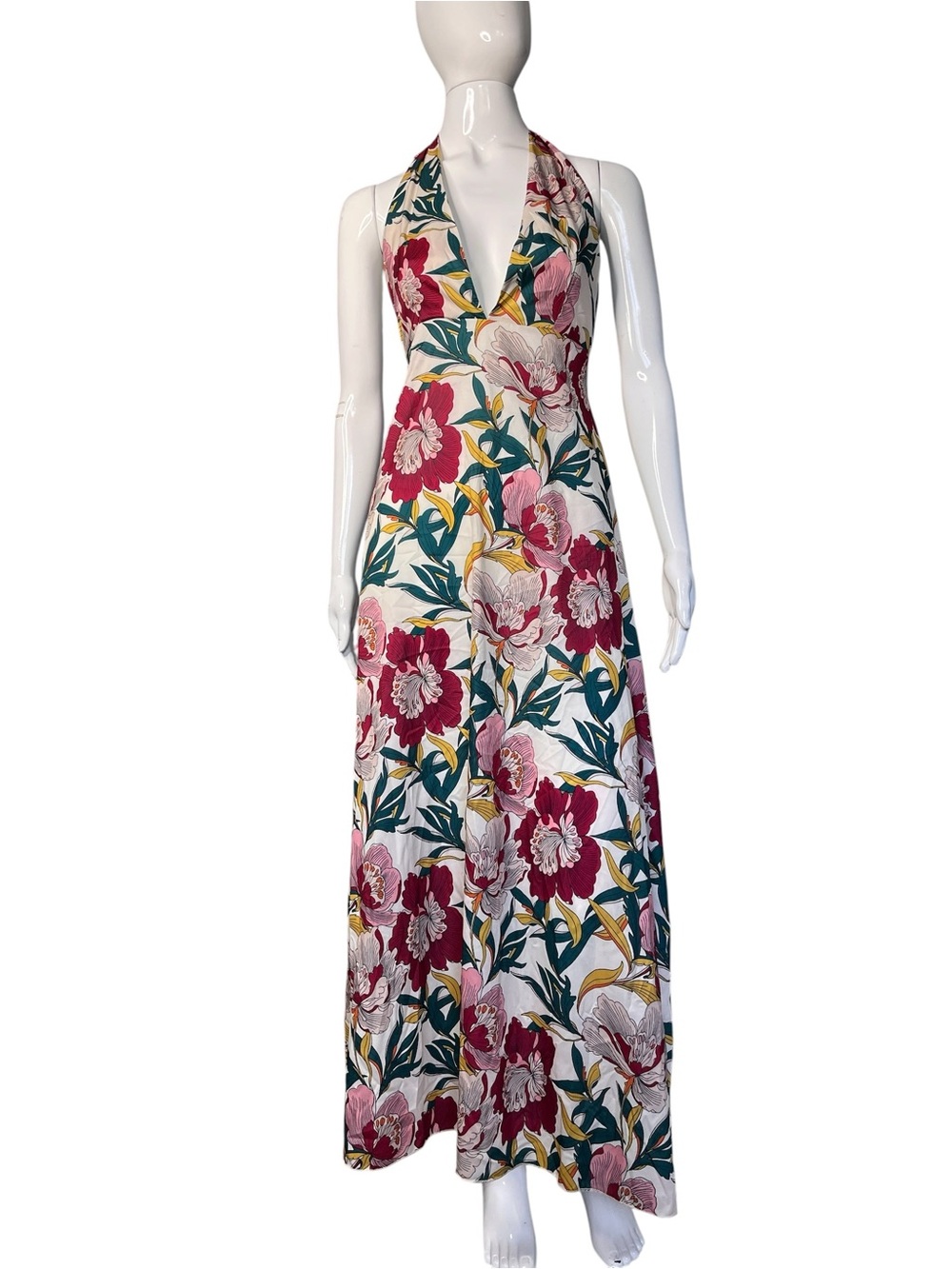 Boho Botanical Floral Deep V Halter Maxi Dress Size Medium